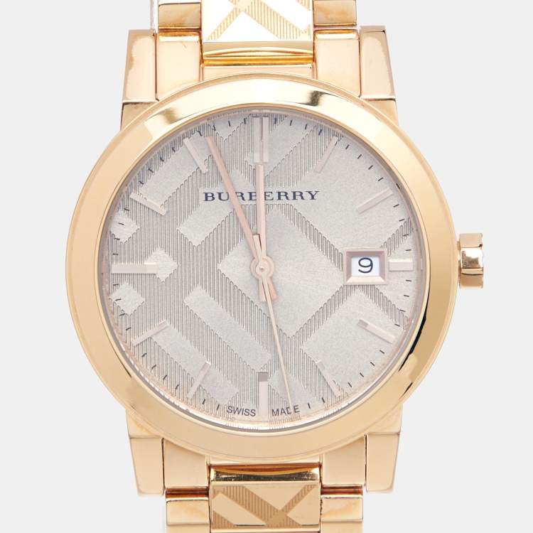 Pre Owned Burberry Champagne Rose Gold Plated Stainless Steel The City BU9146 Women's Wristwatch 34 mm
