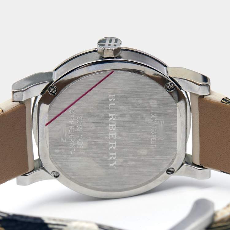 Pre Owned Burberry Silver Stainless Steel Leather The City BU9132 Women's Wristwatch 34 mm