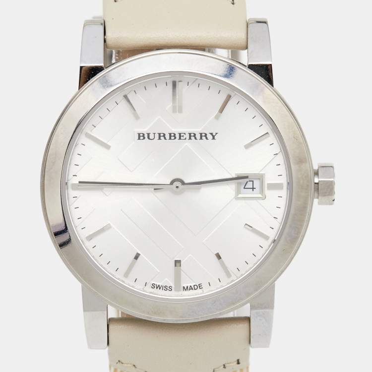 Pre Owned Burberry Silver Stainless Steel Leather The City BU9132 Women's Wristwatch 34 mm
