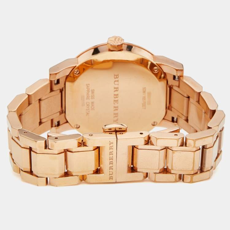 Pre Owned Burberry Champagne Rose Gold Plated Stainless Steel The City BU9135 Women's Wristwatch 34 mm