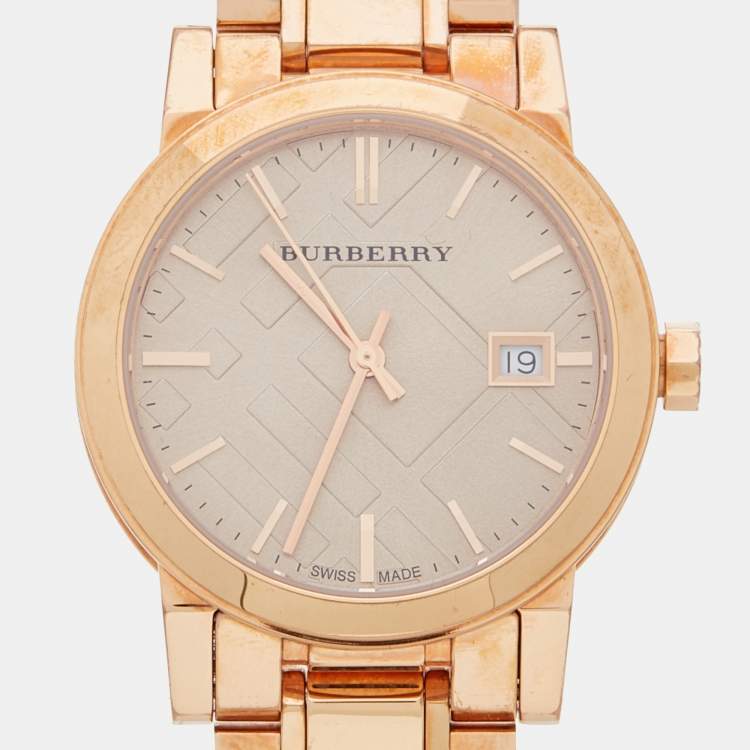 Pre Owned Burberry Champagne Rose Gold Plated Stainless Steel The City BU9135 Women's Wristwatch 34 mm