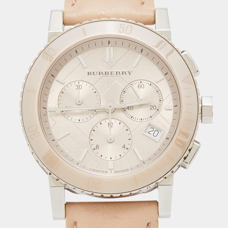 Pre Owned Burberry Beige Stainless Steel Leather Classic BU9702 Women's Wristwatch 39 mm