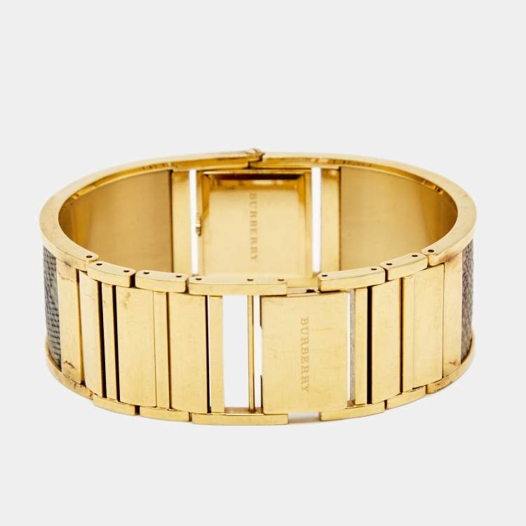 Pre Owned Burberry Champagne Gold Plated Stainless Steel Canvas Reversible Check BU4935 Women's Wristwatch 25 mm