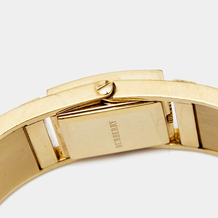 Pre Owned Burberry Champagne Gold Plated Stainless Steel Canvas Reversible Check BU4935 Women's Wristwatch 25 mm