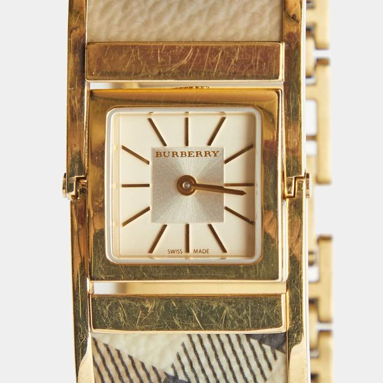 Pre Owned Burberry Champagne Gold Plated Stainless Steel Canvas Reversible Check BU4935 Women's Wristwatch 25 mm
