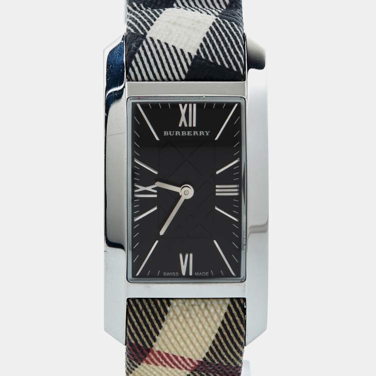 Pre Owned Burberry Black Stainless Steel Leather Heritage BU1059 Women's Wristwatch 25 mm
