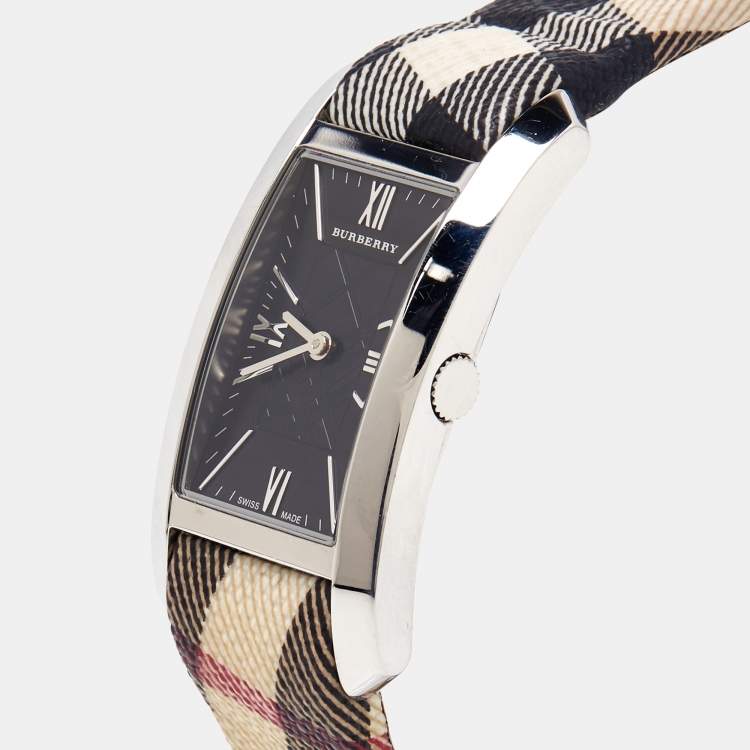 Pre Owned Burberry Black Stainless Steel Leather Heritage BU1059 Women's Wristwatch 25 mm