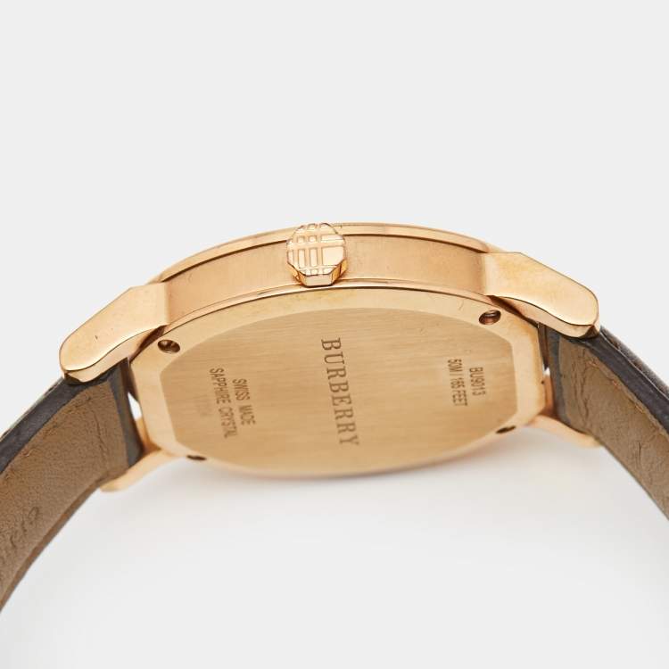 Pre Owned Burberry Grey Gold Plated Stainless Steel Leather The City BU9013 Unisex Watch 38 mm