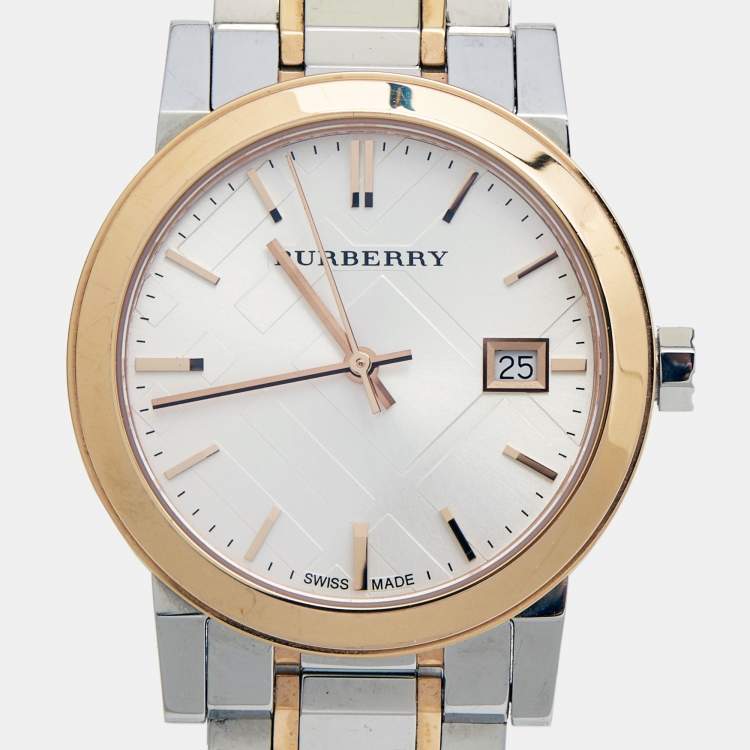 Pre Owned Burberry Silver White Two Tone Stainless Steel BU9105 Women's Wristwatch 34 mm