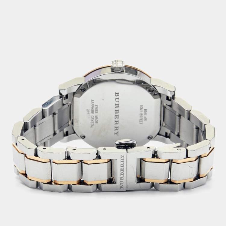 Pre Owned Burberry Silver White Two Tone Stainless Steel BU9105 Women's Wristwatch 34 mm