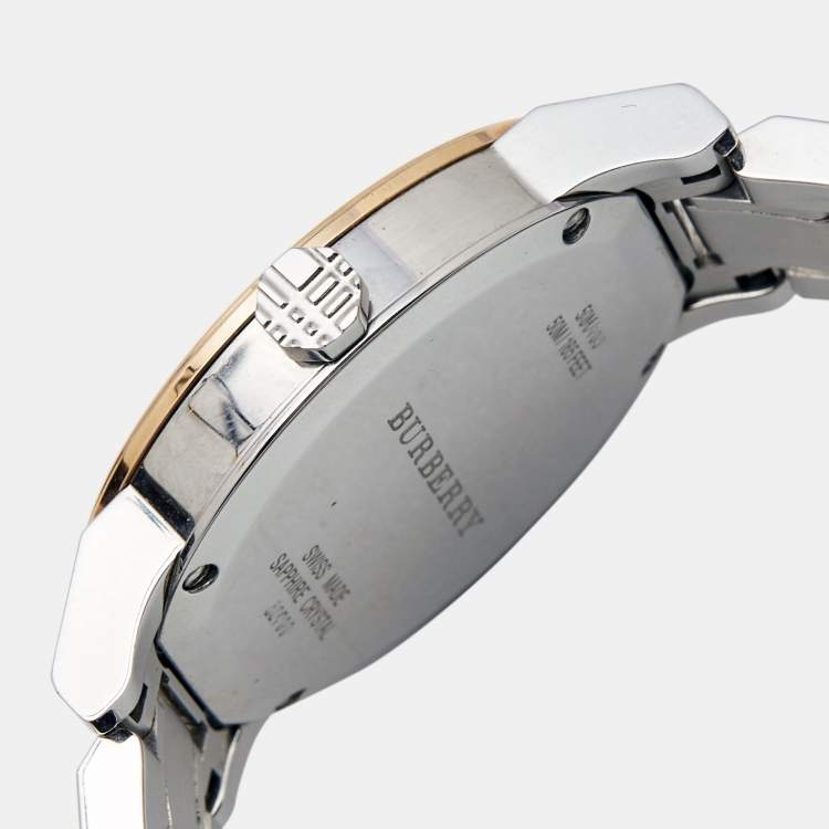 Pre Owned Burberry Silver White Two Tone Stainless Steel BU9105 Women's Wristwatch 34 mm