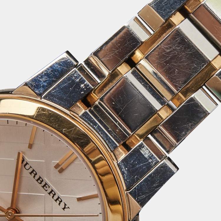 Pre Owned Burberry Silver White Two Tone Stainless Steel BU9105 Women's Wristwatch 34 mm