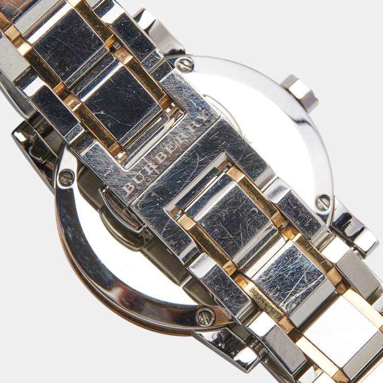 Pre Owned Burberry Silver White Two Tone Stainless Steel BU9105 Women's Wristwatch 34 mm