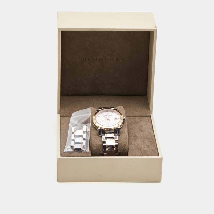 Pre Owned Burberry Silver White Two Tone Stainless Steel BU9105 Women's Wristwatch 34 mm