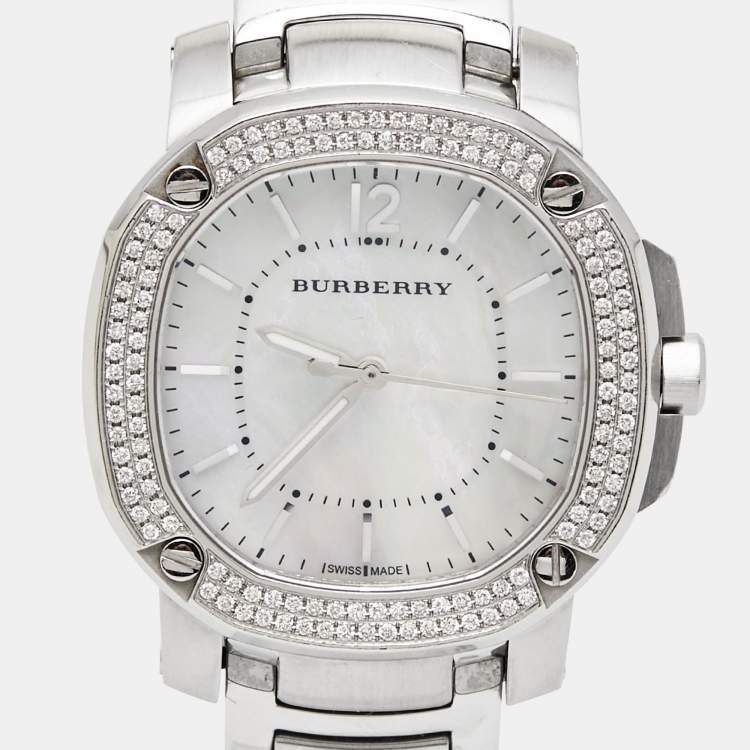 Pre Owned Burberry Mother Of Pearl Stainless Steel Diamond The Britain BBY1801 Women's Wristwatch 32 mm