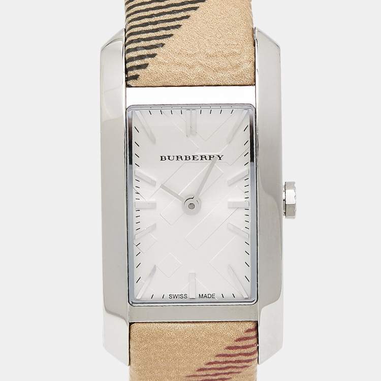Pre Owned Burberry Silver Stainless Steel Leather The Pioneer BU9508 Women's Wristwatch 20 mm