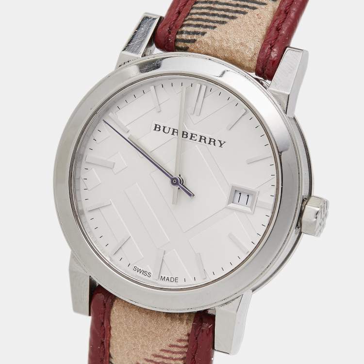 Pre Owned Burberry Silver Stainless Steel Leather The City BU9122 Women's Wristwatch 35 mm