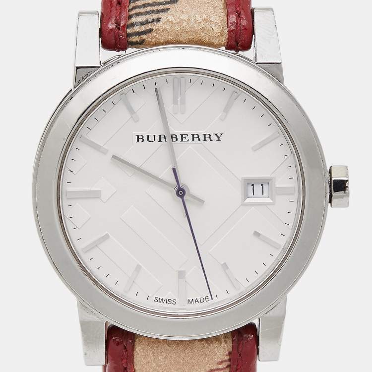 Pre Owned Burberry Silver Stainless Steel Leather The City BU9122 Women's Wristwatch 35 mm