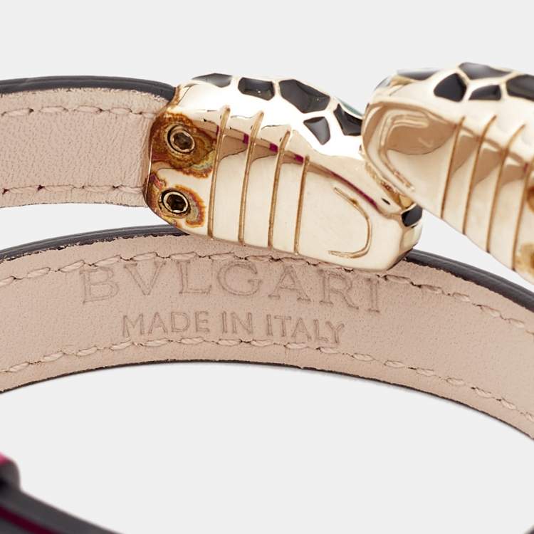 Pre Owned Bvlgari Serpenti Forever Pink  Leather Enamel Gold Tone Double Wrap Bracelet