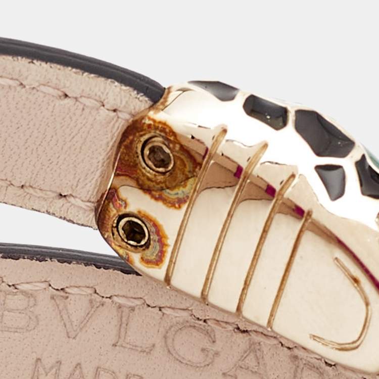 Pre Owned Bvlgari Serpenti Forever Pink  Leather Enamel Gold Tone Double Wrap Bracelet