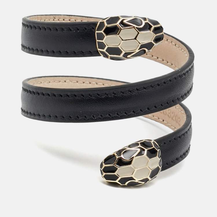 Pre Owned Bvlgari Serpenti Enamel Leather Gold Tone Wrap Bracelet