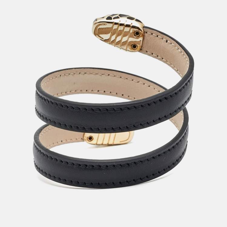 Pre Owned Bvlgari Serpenti Enamel Leather Gold Tone Wrap Bracelet