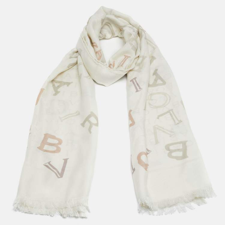 Pre Owned Bvlgari Off White Logomania Lettere Maxi Silk & Wool Stole