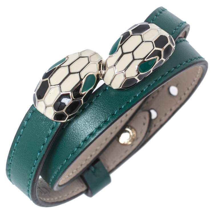 Pre Owned Bvlgari Serpenti Forever Green Leather Double Coil Bracelet