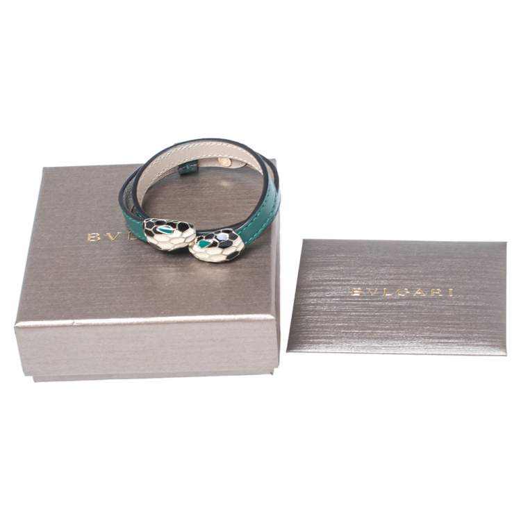 Pre Owned Bvlgari Serpenti Forever Green Leather Double Coil Bracelet