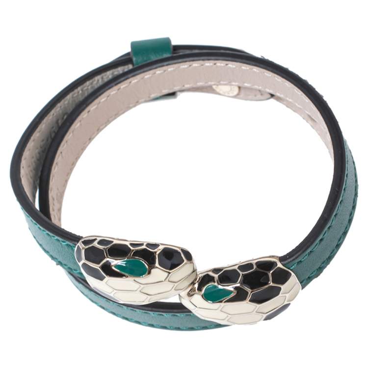 Pre Owned Bvlgari Serpenti Forever Green Leather Double Coil Bracelet