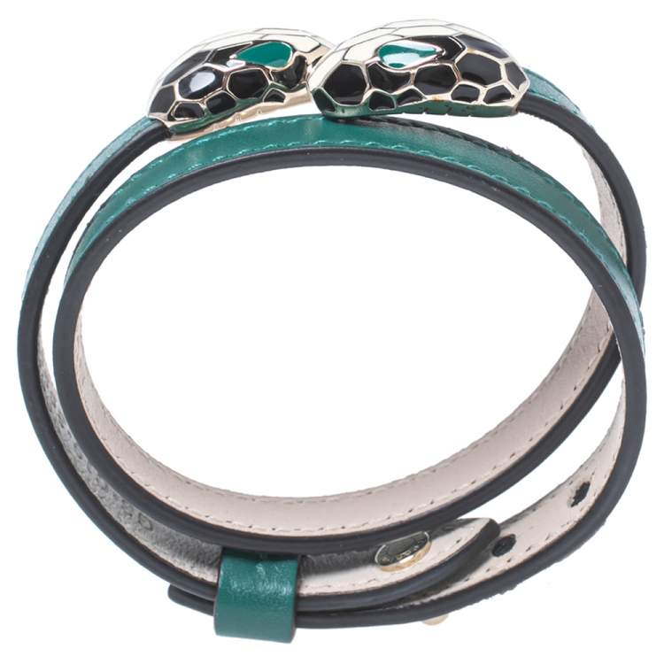 Pre Owned Bvlgari Serpenti Forever Green Leather Double Coil Bracelet