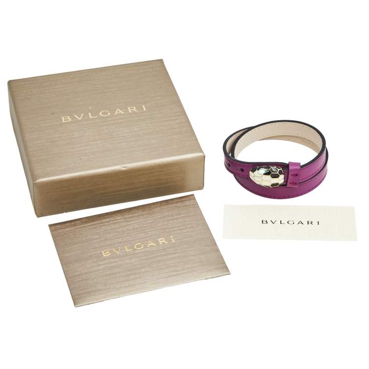 Pre Owned Bvlgari Serpenti Forever Purple Leather Enamel Gold Tone Metal Double Coil Bracelet