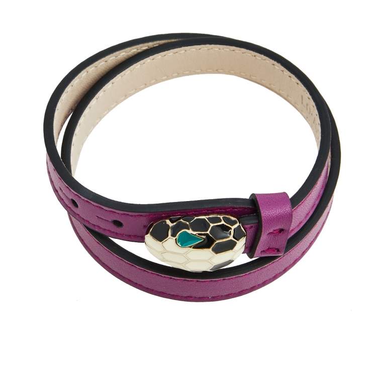 Pre Owned Bvlgari Serpenti Forever Purple Leather Enamel Gold Tone Metal Double Coil Bracelet