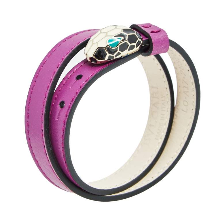 Pre Owned Bvlgari Serpenti Forever Purple Leather Enamel Gold Tone Metal Double Coil Bracelet