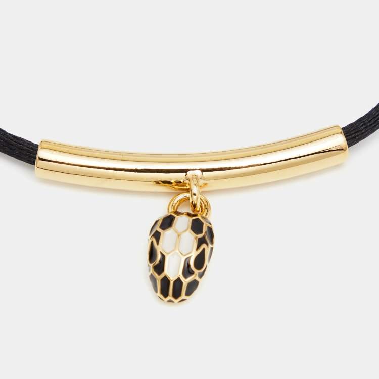 Pre Owned Bvlgari Serpenti Forever Black Enameled Snakehead Charm Cord Bracelet