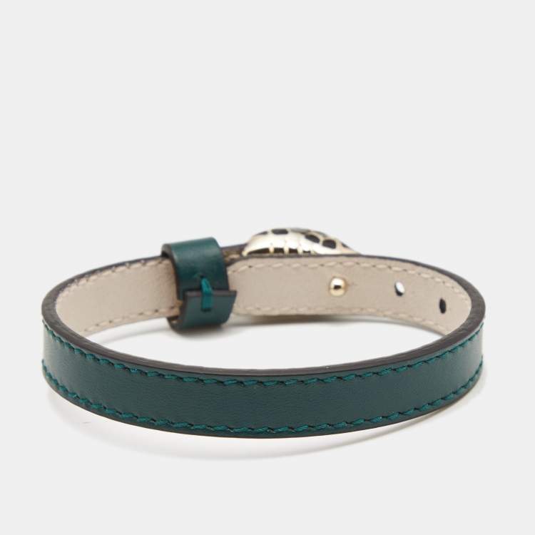Pre Owned Bvlgari Serpenti Forever Green Leather Ename Gold Tone Bracelet