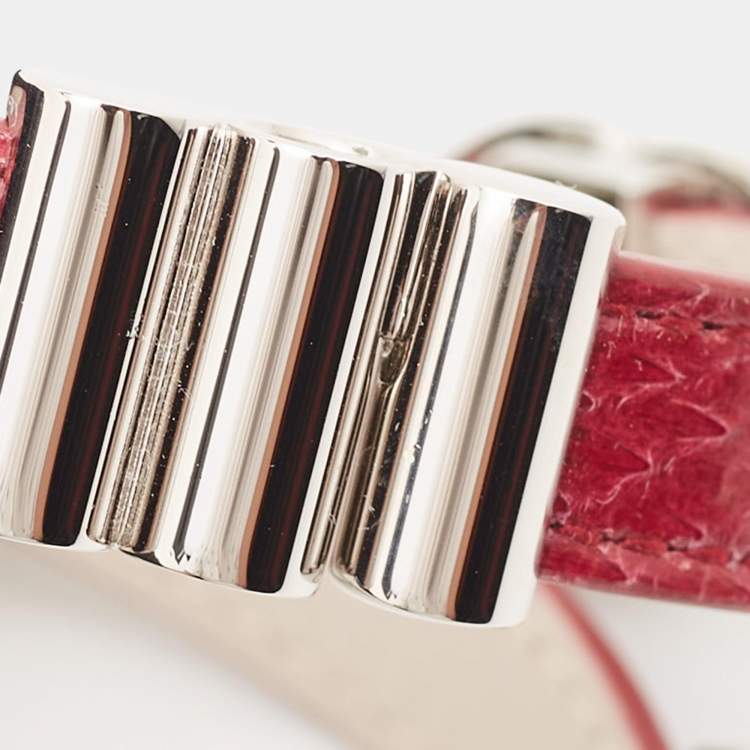 Pre Owned Bvlgari Double Coiled Red Snakeskin Leather Silver Tone Wrap Bracelet