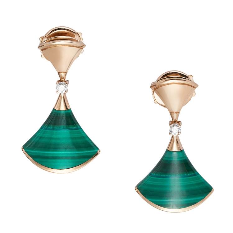 Pre Owned Bvlgari Divas' Dream Malachite Diamond 18K Rose Gold Earrings