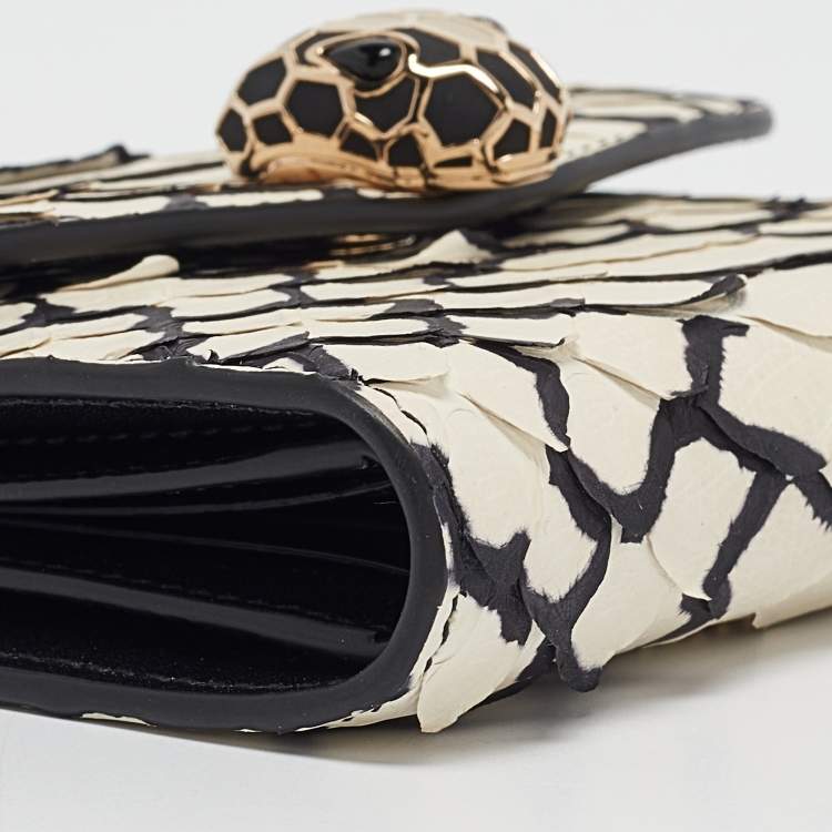 Pre Owned Bvlgari Off White/Black Python Serpenti Forever Trifold Wallet