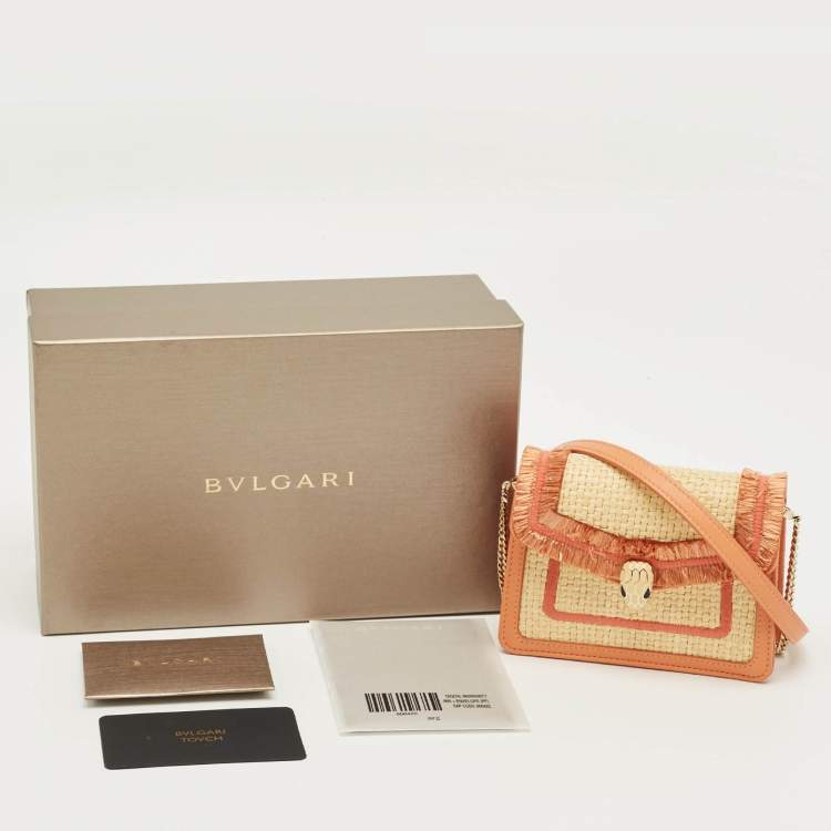 Pre Owned Bvlgari Beige/Peach Raffia and Leather Mini Serpenti Forever Crossbody Bag