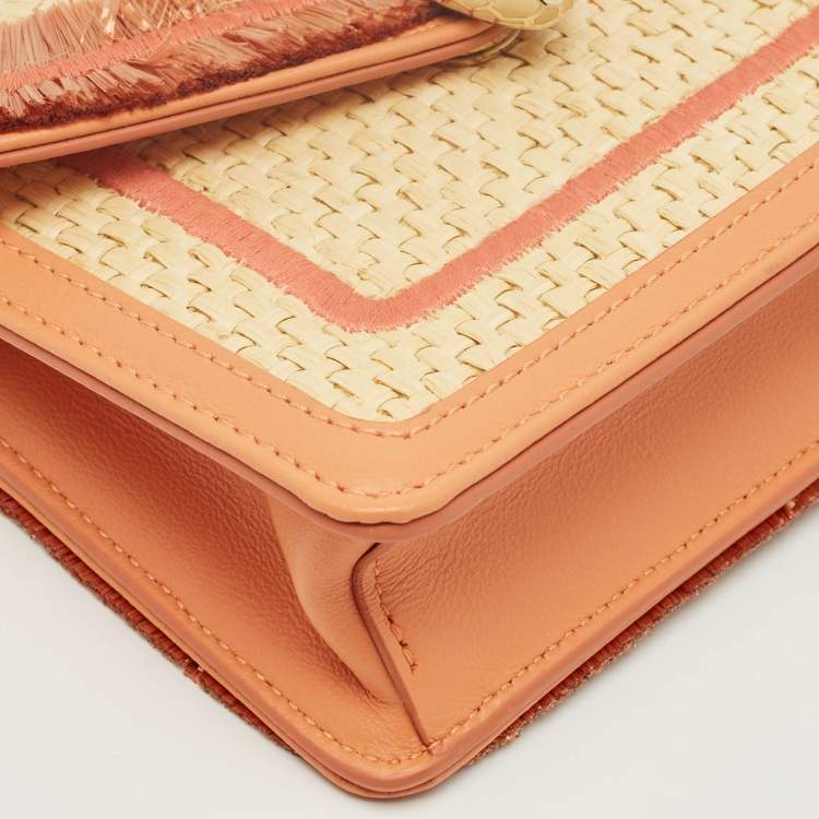 Pre Owned Bvlgari Beige/Peach Raffia and Leather Mini Serpenti Forever Crossbody Bag