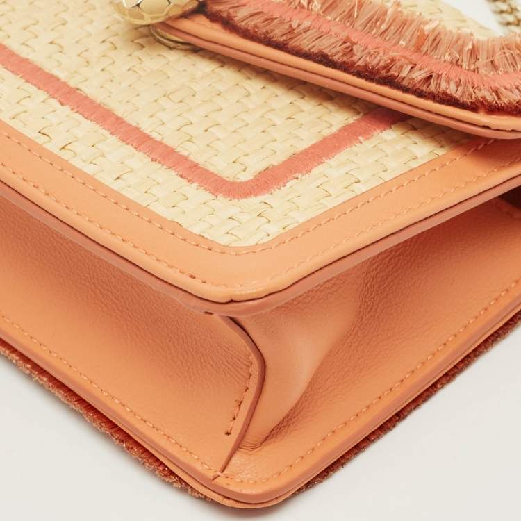 Pre Owned Bvlgari Beige/Peach Raffia and Leather Mini Serpenti Forever Crossbody Bag