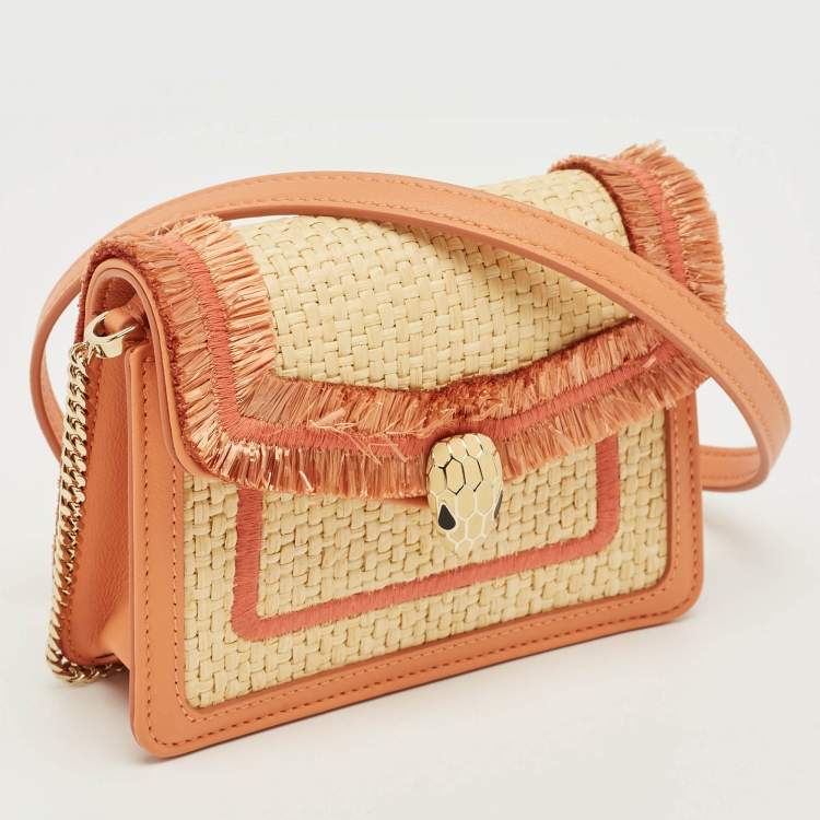 Pre Owned Bvlgari Beige/Peach Raffia and Leather Mini Serpenti Forever Crossbody Bag