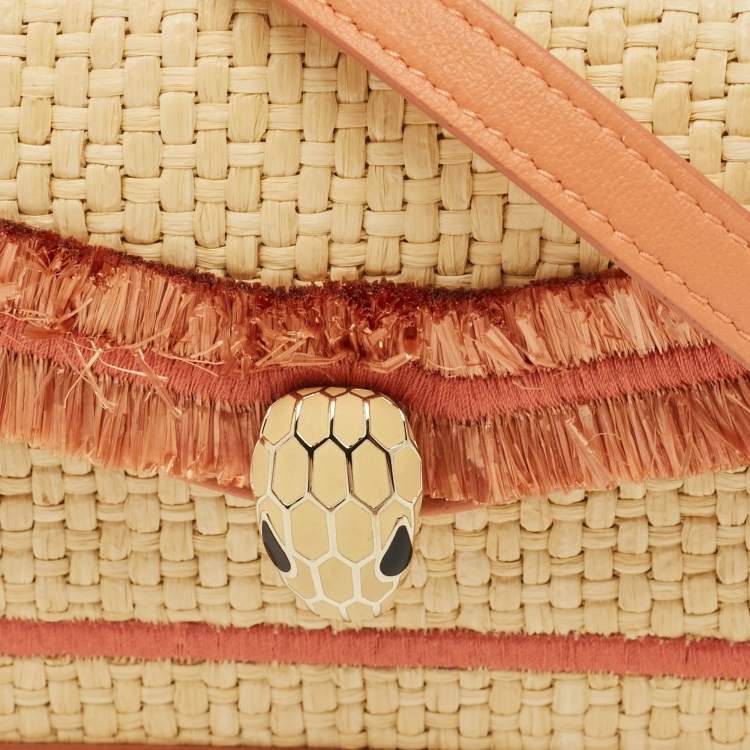 Pre Owned Bvlgari Beige/Peach Raffia and Leather Mini Serpenti Forever Crossbody Bag
