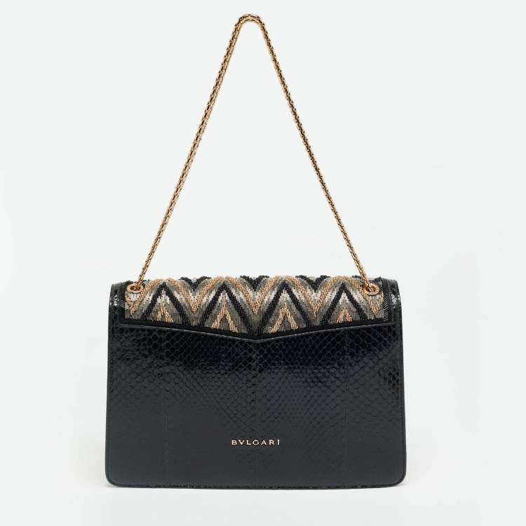 Pre Owned Bvlgari Serpenti Forever Medium Tricolor Chevron Beaded Ayers Leather Shoulder Bag