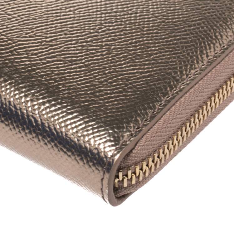 Pre Owned Bvlgari Metallic Bronze Leather Zip Around Wallet
