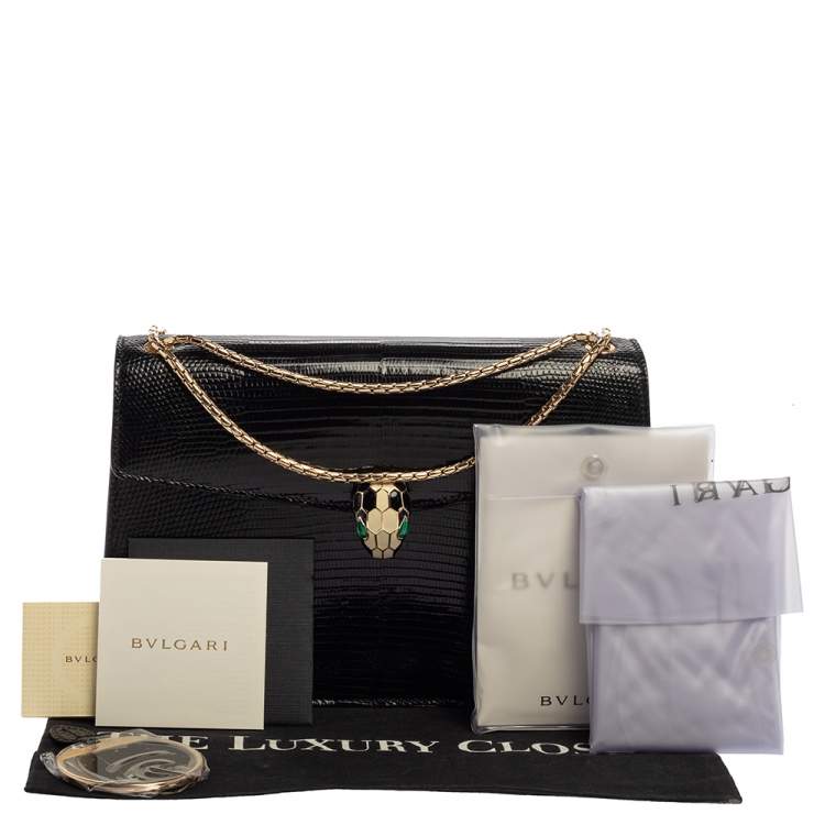 Pre Owned Bvlgari Black Lizard Skin Medium Serpenti Flap Shoulder Bag
