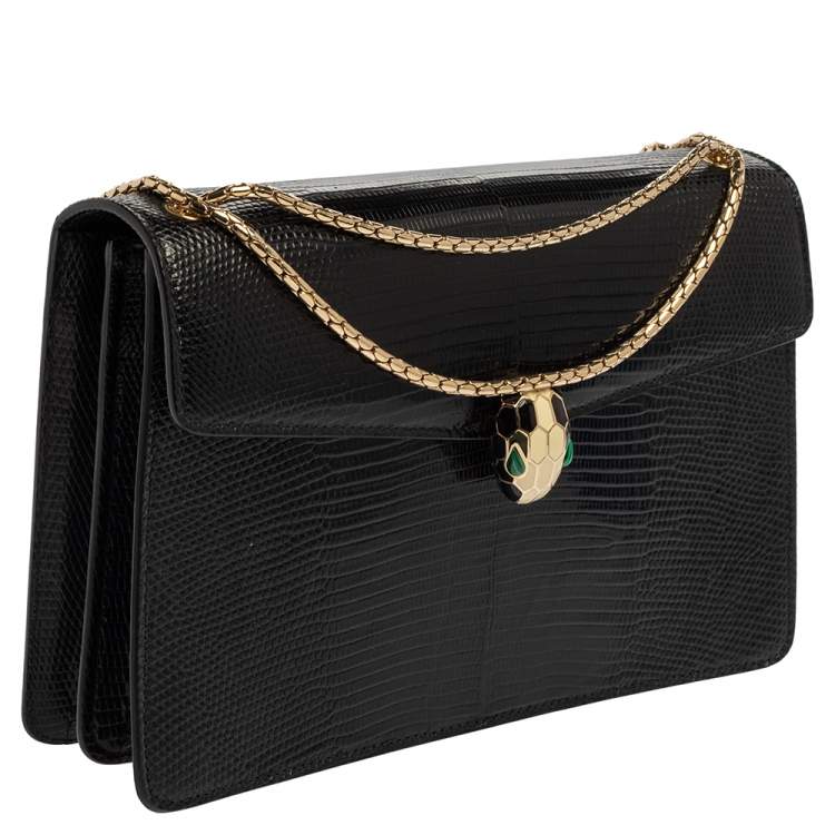 Pre Owned Bvlgari Black Lizard Skin Medium Serpenti Flap Shoulder Bag