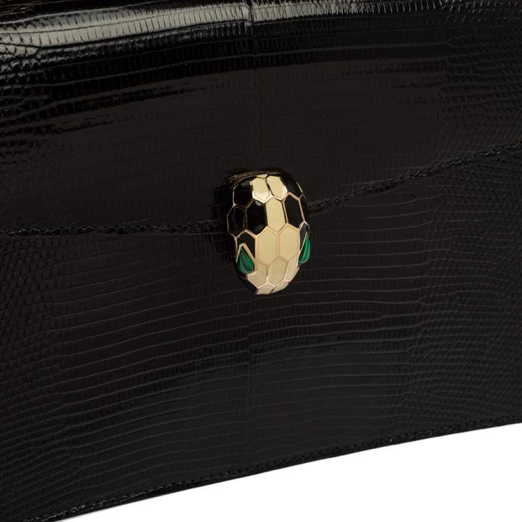 Pre Owned Bvlgari Black Lizard Skin Medium Serpenti Flap Shoulder Bag