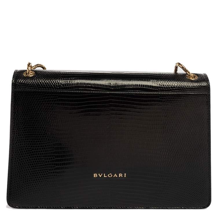 Pre Owned Bvlgari Black Lizard Skin Medium Serpenti Flap Shoulder Bag
